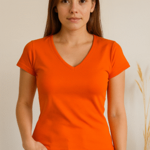 Polera Algodón Mujer Cuello V Naranjo - Ajustado